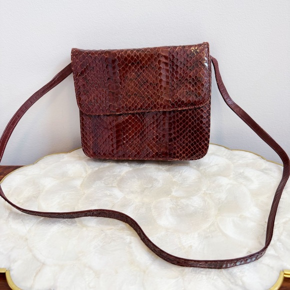 Vintage Brown Italian Snakeskin Small Bag Classic Elegant Preppy - Picture 5 of 16